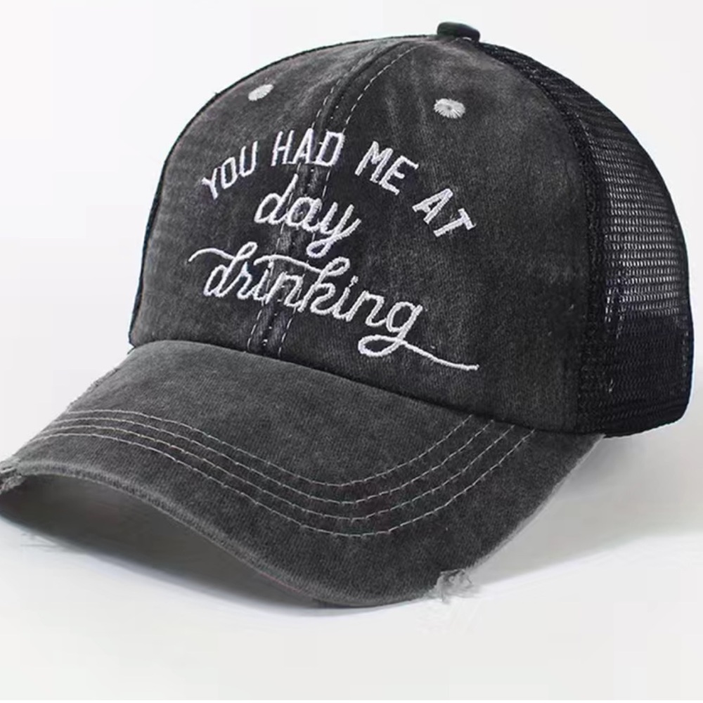 Ponytail Baseball Cap| Embroidered Black Washed Distressed Trucker Hat For Women